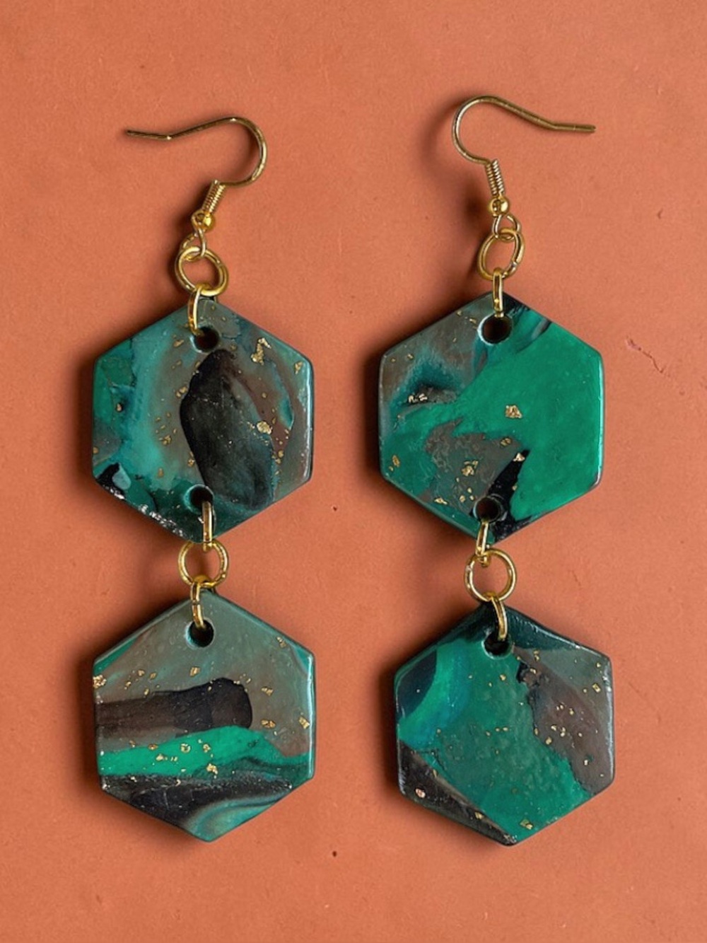 Handmade Turquoise Hexagon Dangle Earrings - Gold Accents
